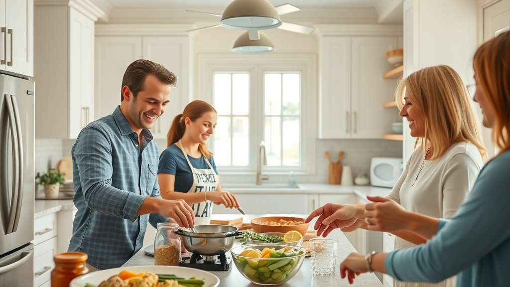 Bright and contemporary Myrtle Beach kitchen updated with affordable finishes, featuring happy family, modern appliances, and refaced cabinets.