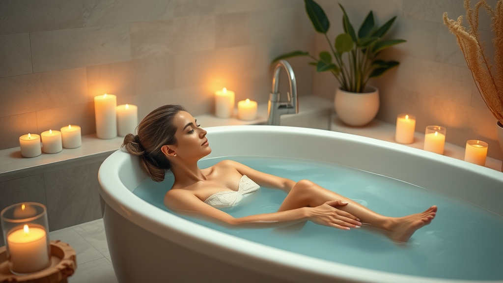 Serene spa-style bathroom remodel in Surfside Beach SC, glowing candles, soaking tub, beach-themed decor, and custom vanities