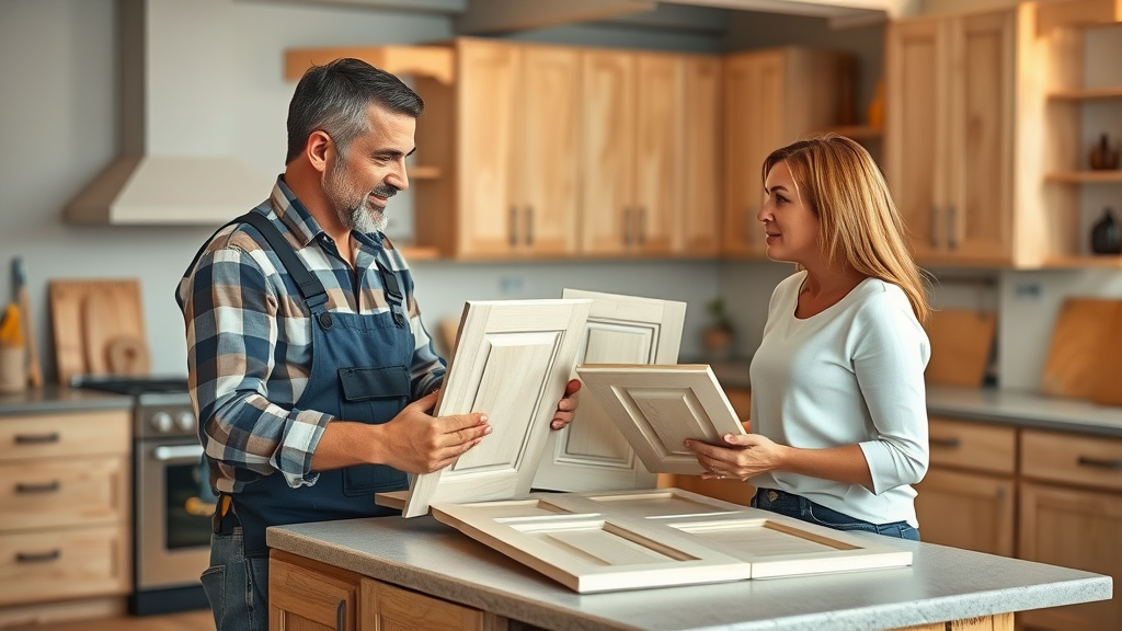 Contractor and homeowner in Surfside Beach SC reviewing cabinet door samples and finishes for kitchen cabinet upgrades