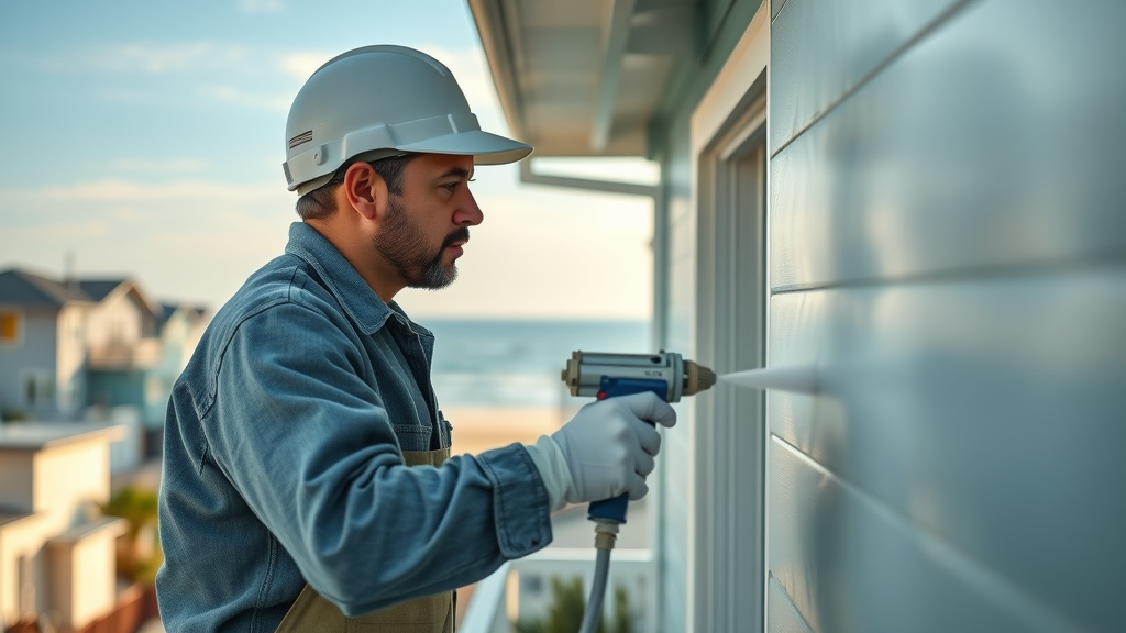 skilled painter applying protective coating on a Surfside Beach home, paint spraying in motion, Surfside Beach neighborhood with ocean glimpses