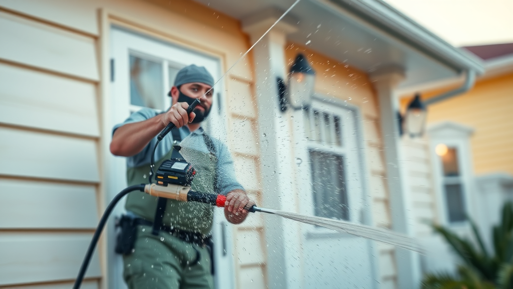 professional painting team prepping home in Surfside Beach SC, pressure washing for optimal adhesion, detailed step-by-step process, water droplets in the air