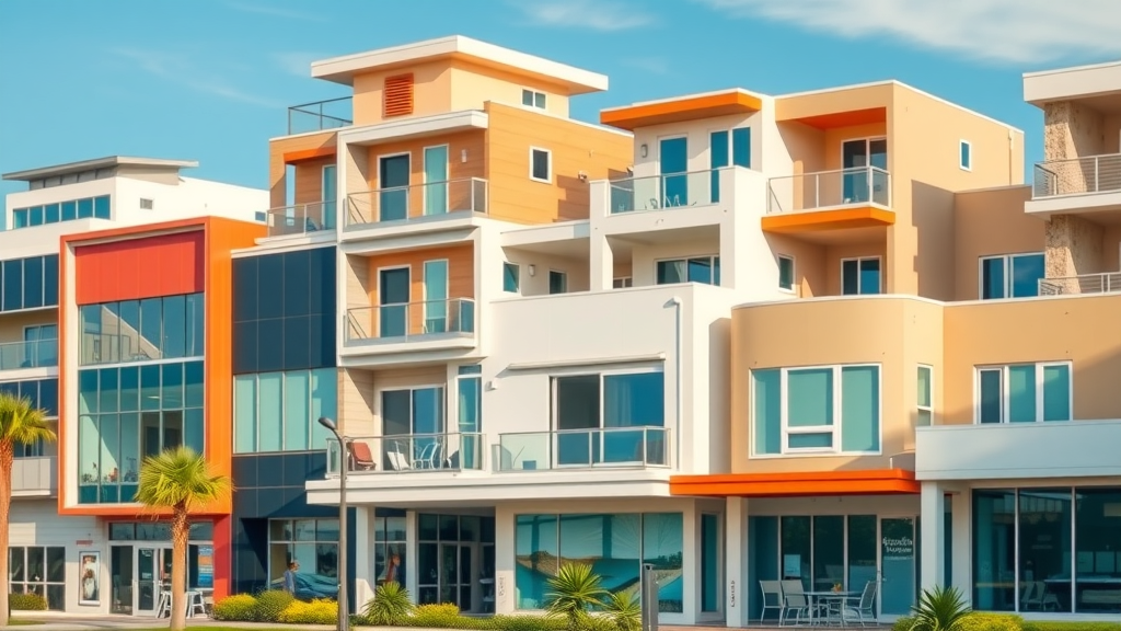 freshly painted homes and commercial buildings in Surfside Beach SC, vibrant but natural color palette, wet paint reflection, morning light, business district and homes