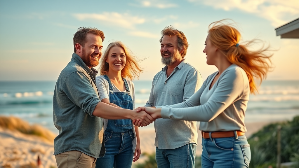 trustworthy Surfside Beach painting crew shaking hands with satisfied homeowners, cheerful, Surfside Beach ocean and dunes in the background, golden hour lighting