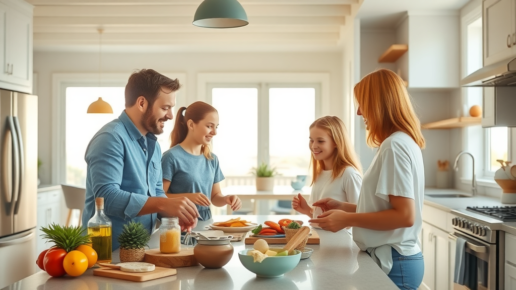 Bright modern kitchen remodeling in Surfside Beach SC with family preparing a meal, coastal decor and sunlit open-plan design