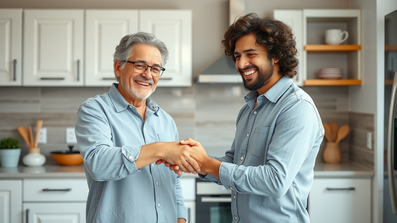 Remodeling contractor and homeowner handshake after great job in kitchen remodeling project in Surfside Beach SC, new kitchen backdrop