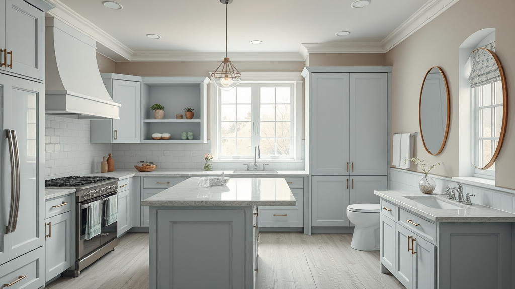 Kitchen and bath cohesive remodeling Surfside Beach SC, matching cabinetry and decor, elegant interiors