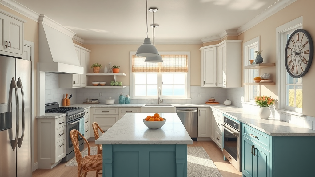 Inviting, freshly remodeled kitchen in Surfside Beach SC, sunlit coastal furnishings and appliances, peaceful atmosphere