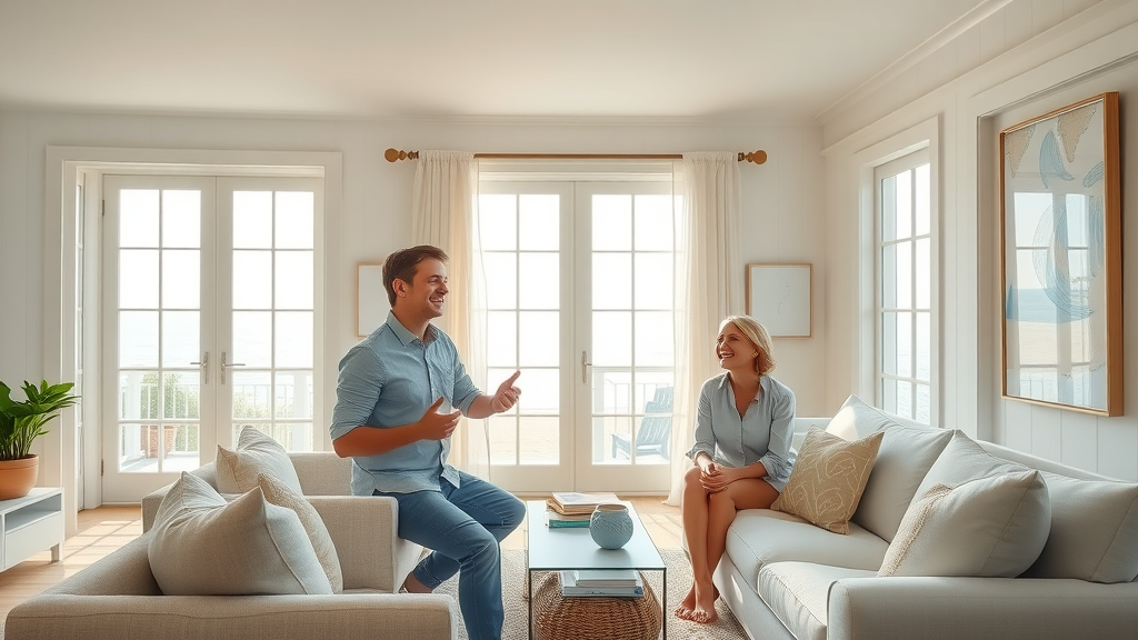 Inviting coastal living room with cheerful homeowners admiring freshly painted bright walls interior painting in surfside beach sc