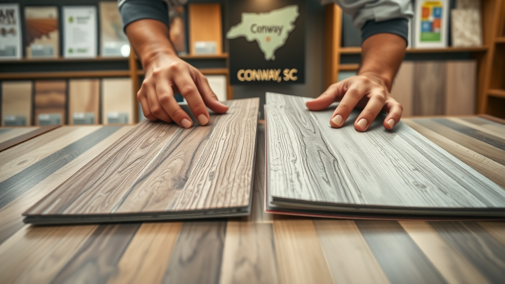 comparing luxury vinyl and traditional vinyl floor coverings in Conway SC, installer evaluating product samples