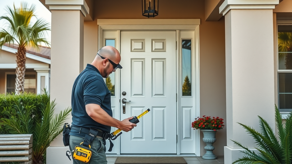 Exterior door installation in Surfside Beach SC with professional measuring a door in a secure and welcoming residential entryway.