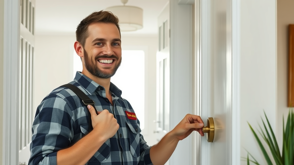 Professional entry door installation in Surfside Beach SC with confident installer adjusting a brand-new door hardware.