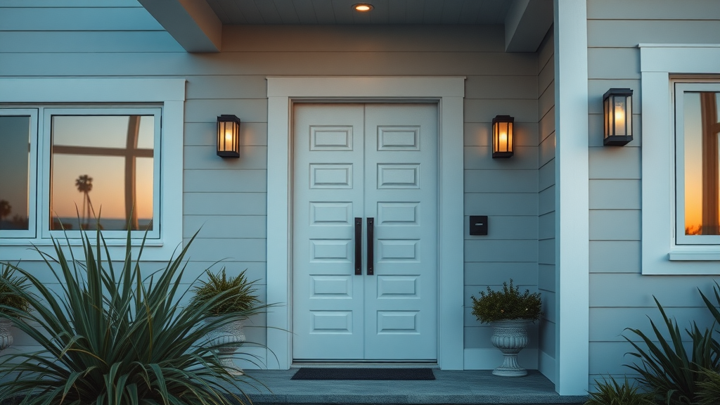 Modern and sturdy entry door installation in Surfside Beach SC, coastal-style home exterior with locked entry door.