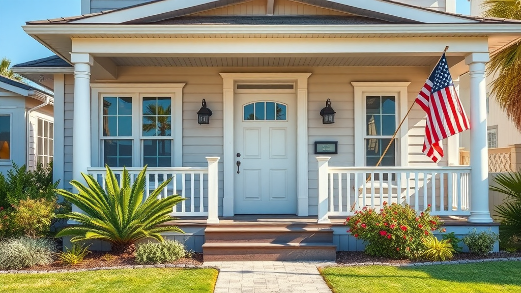 Elegant Surfside Beach house with a freshly installed entry door and vibrant, welcoming curb appeal.