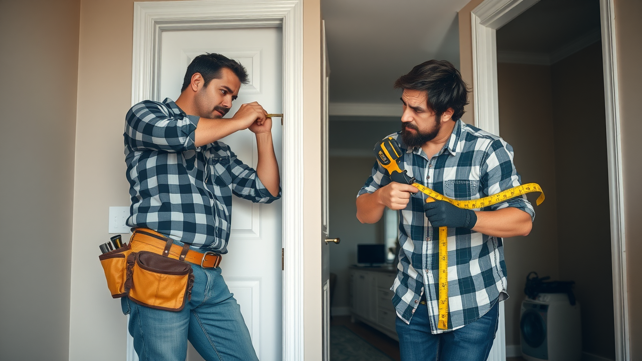 Professional installer measuring for interior door installation in Conway SC compared to a frustrated DIY homeowner.