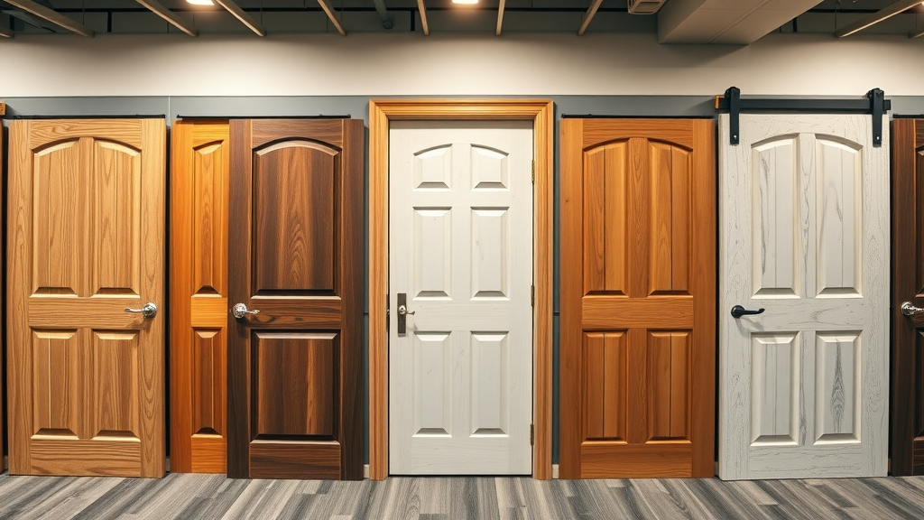 Interior door showroom in Conway SC displaying classic panel, modern glass, and barn door styles for installation services.