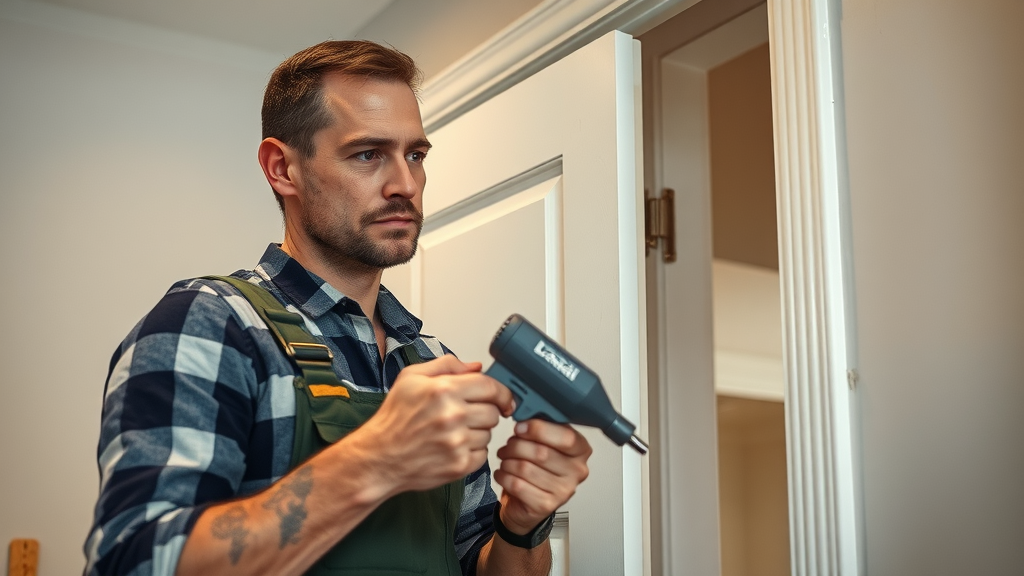 Handyman carefully installing an interior door during a home renovation in Conway SC.