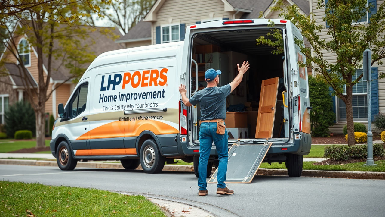 Conway SC local home improvement van unloading new interior doors for installation service.