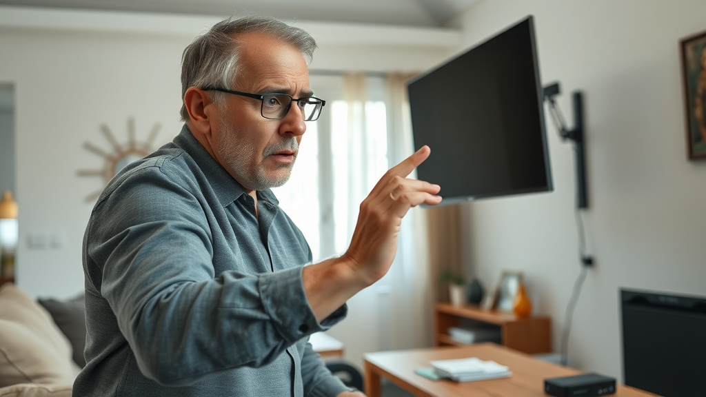 Worried homeowner examining unstable TV, concerned expression, reaching towards a wobbly screen, modern living room, tv mounting services in conway sc