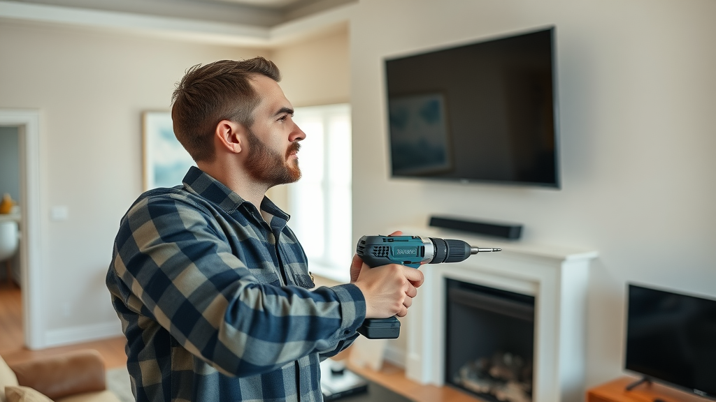 Professional technician installing a flat-screen TV on a living room wall, tv mounting services conway sc