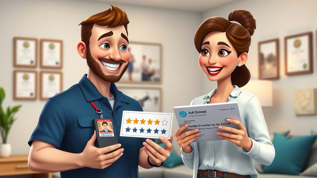 Couple reviewing TV mounting service credentials, satisfied expression, tv mounting Conway SC
