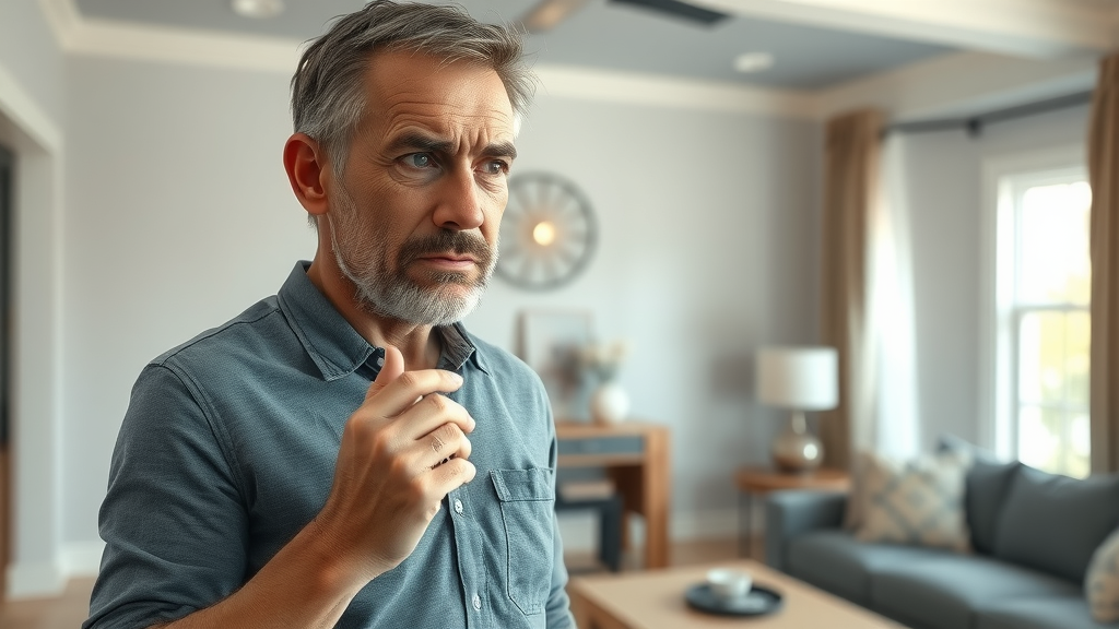 Worried homeowner inspecting large drywall crack in a modern Conway SC living room, bright daylight, soft natural color palette, 4K resolution