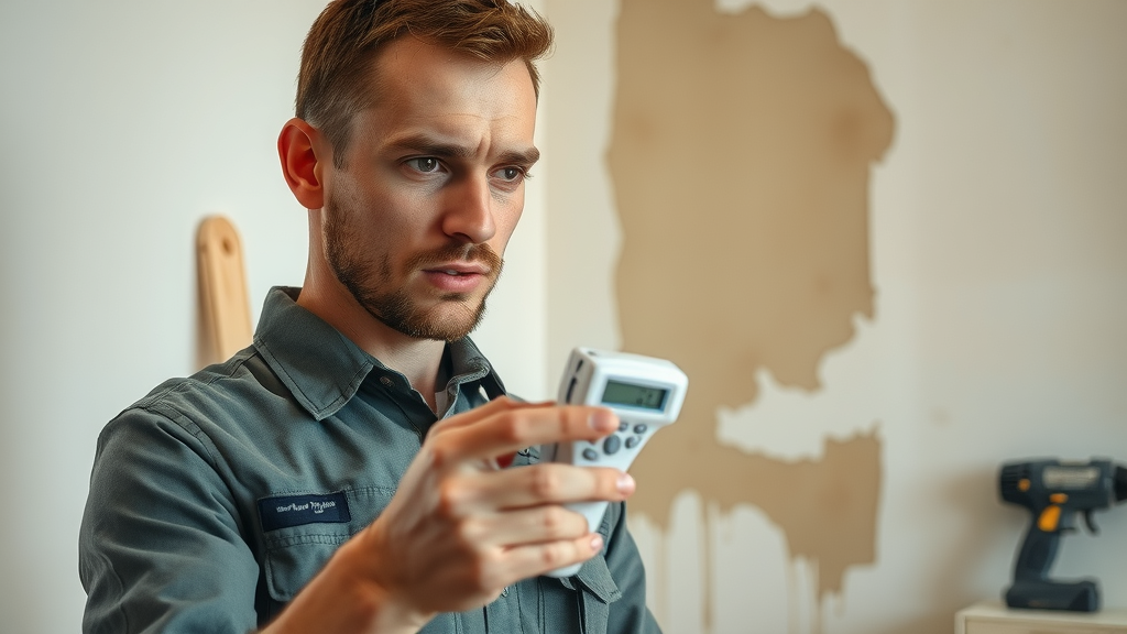 Professional handyman taking moisture readings on discolored drywall in Conway SC, visible water stains, well-lit interior, 8K clarity