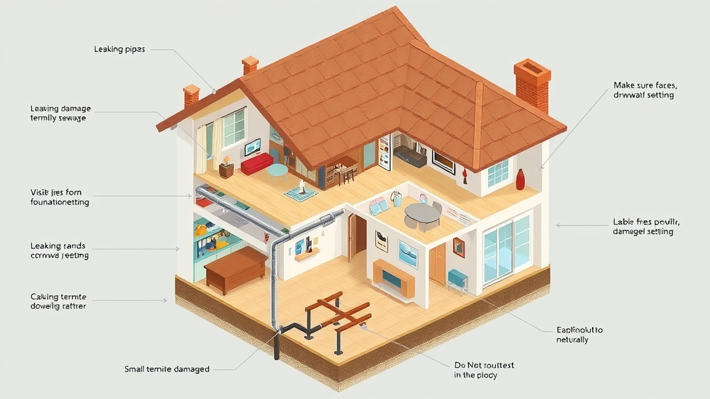 Diagram of modern Grand Strand home showing sources of drywall damage: pipe leaks, foundation cracks, termite damage, isometric interior