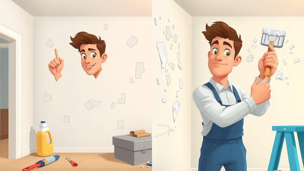 Split-screen cartoon: DIY homeowner struggles with drywall patching on left; professional expert smoothly repairs texture on right, Conway SC home