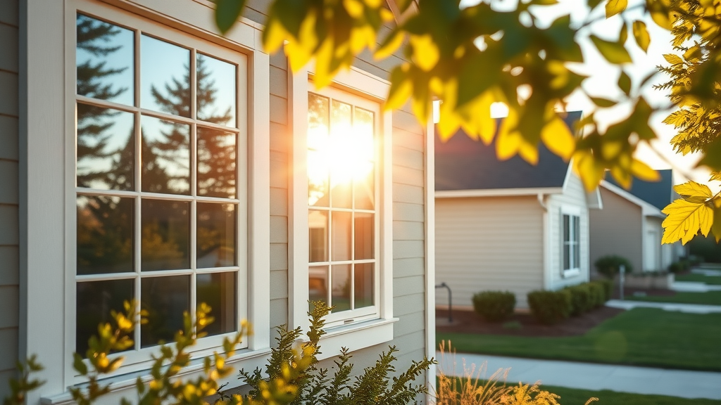 Bright, energy-efficient modern windows on a well-kept home facade in Conway SC, sunlight streaming through glass, natural colors, golden hour lighting, efficient windows