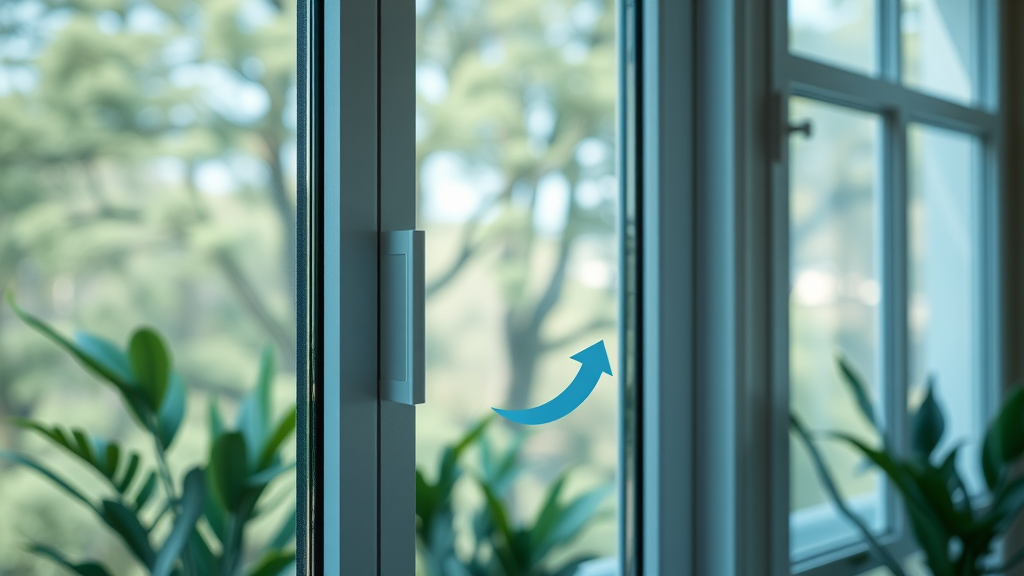 Sleek multi-pane window with Low-E glass reflecting trees, demonstrating energy efficiency; interior with green plants showcasing modern window replacement in Conway SC