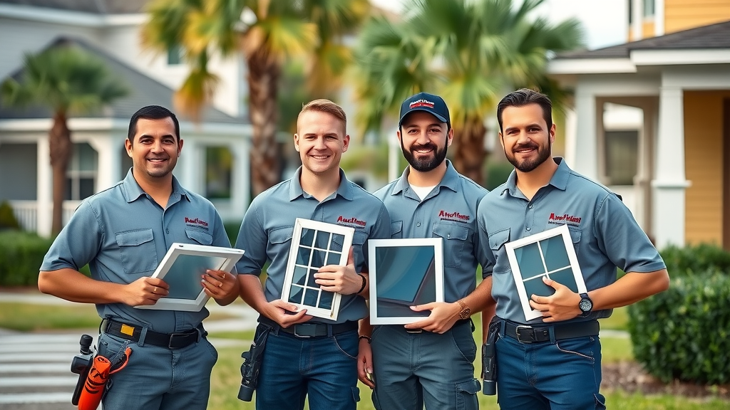 Professional window installers in branded uniforms at a Conway SC home, showcasing window world, renewal by andersen, and local expert options