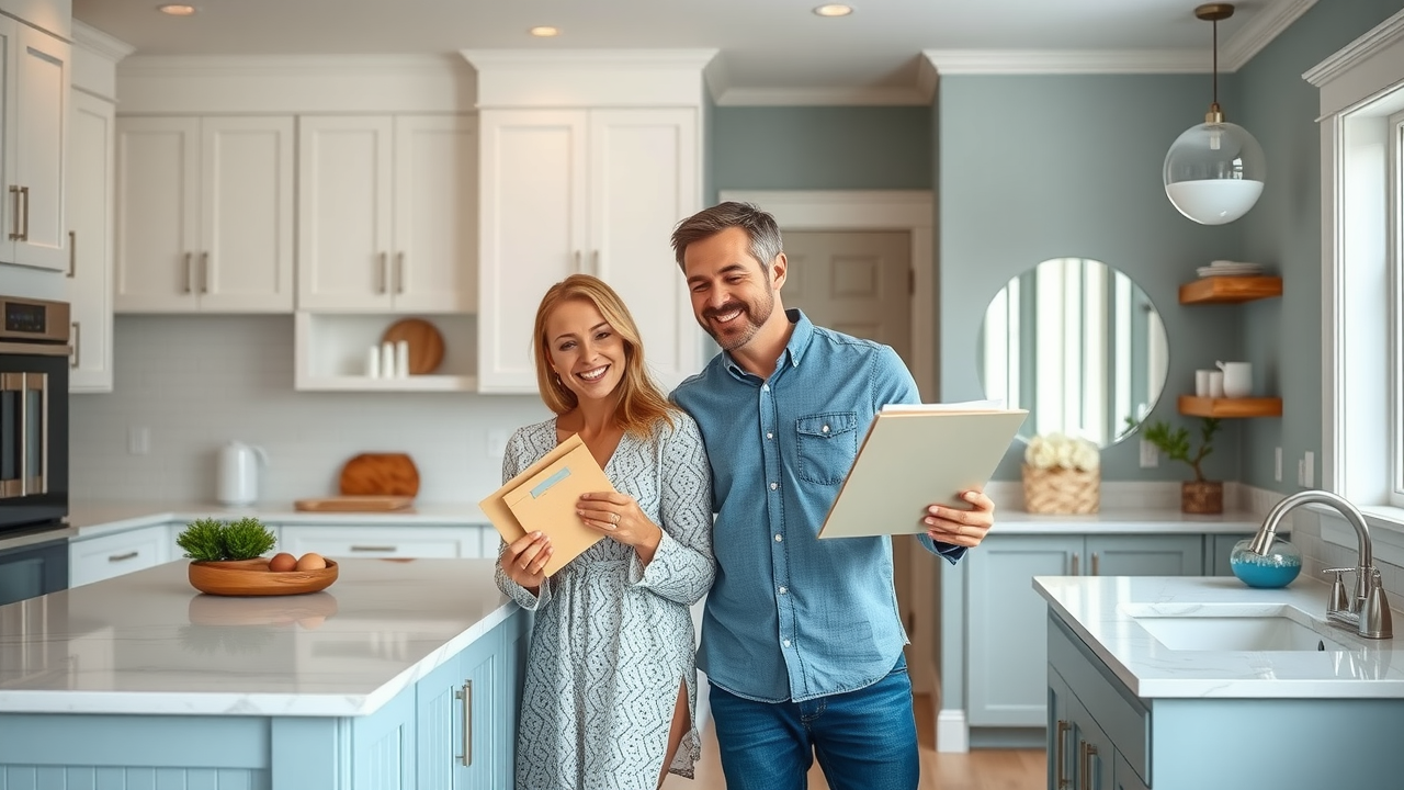 stylish, modern kitchen and bathroom side by side in a Conway SC home, cheerful couple browsing cabinet and countertop samples with coastal elements