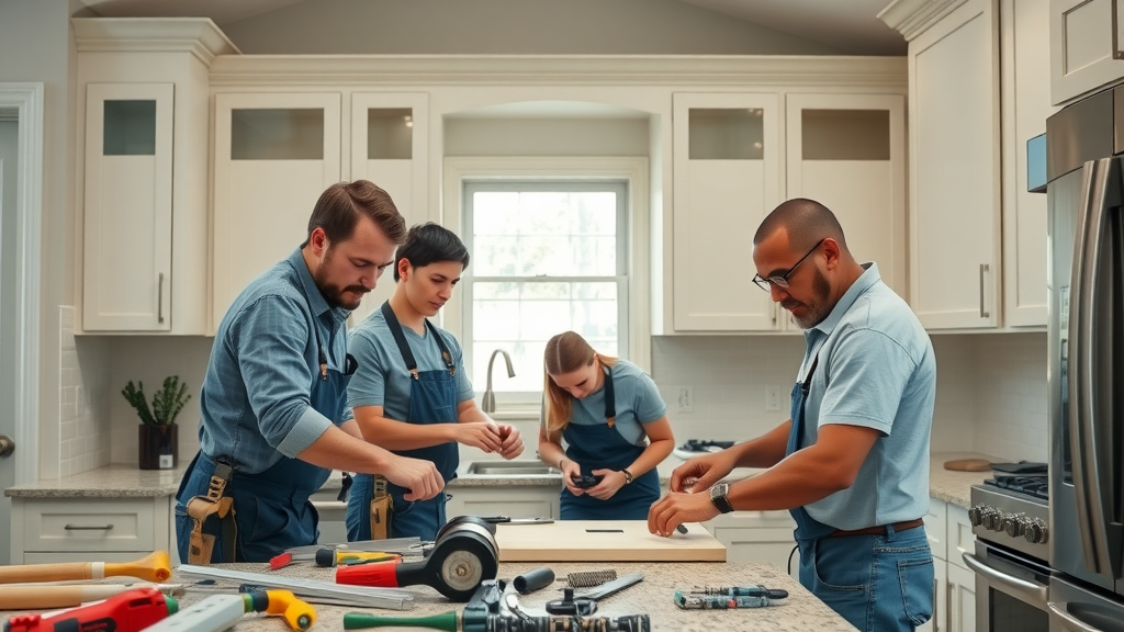 organized, professional kitchen renovation team at work in a Conway SC home, installing new cabinetry with dynamic team motion