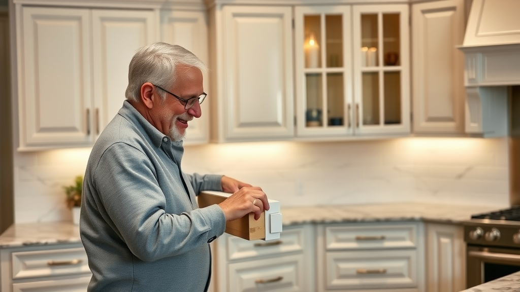 elegant, custom-built kitchen cabinetry in a Conway SC home, homeowner appreciating soft-close drawers, with accent lighting and marble countertops