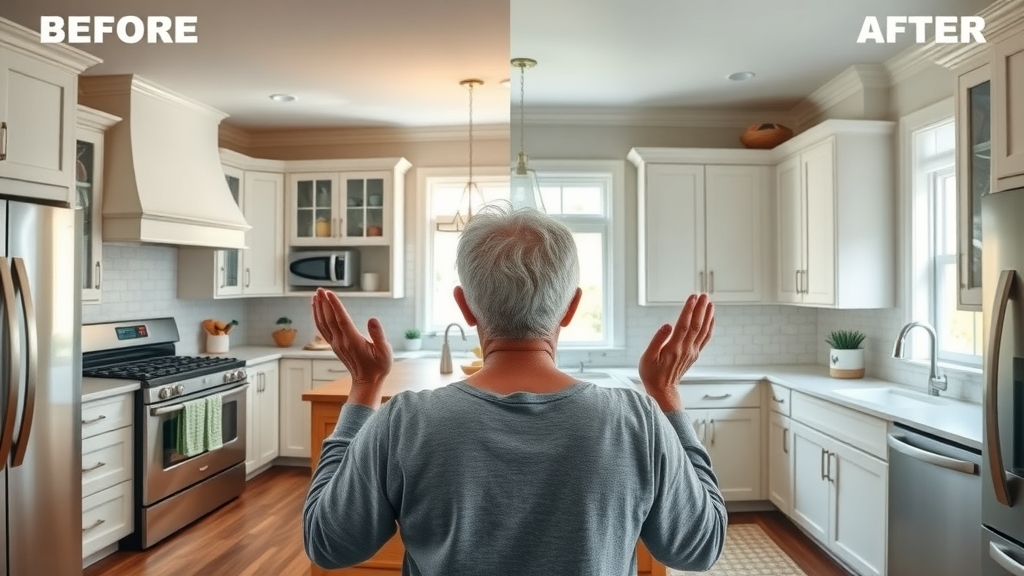 dramatic, split-screen kitchen before and after update in a Conway SC home, with amazed homeowner and crisp new finishes