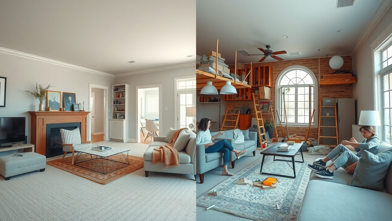 calm small remodeling vs. chaotic major home remodel in Conway SC living room, small remodeling projects in conway sc