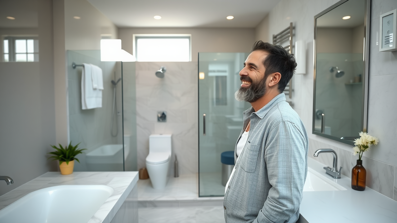 bathroom remodeling in conway sc, happy homeowners admiring their renovated modern bathroom with marble countertops, walk-in shower, and light grey tiles in natural daylight