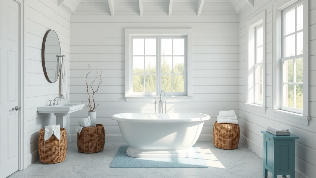 elegant coastal bathroom remodel style in south carolina featuring shiplap walls, freestanding tub, sea glass accents, and natural daylight
