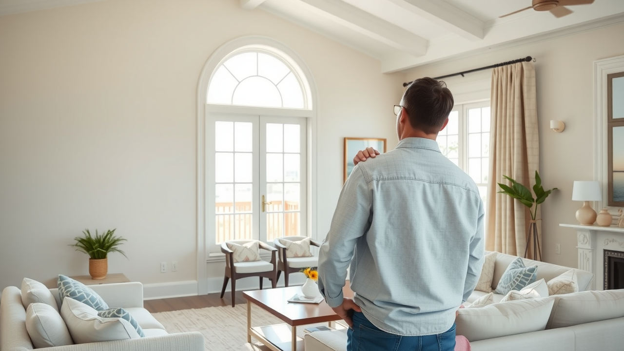 Bright, well-maintained drywall patch in a Surfside Beach SC coastal home, homeowner inspecting the area, beach-inspired interior decor