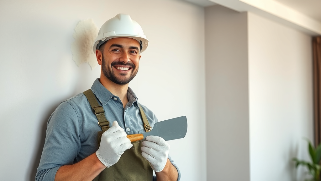 Professional drywall contractor patching wall in Surfside Beach SC, using spatula and joint compound, modern residential setting
