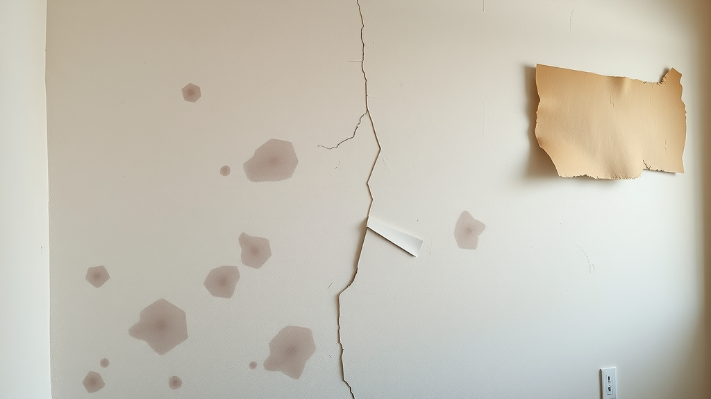 Common drywall issues: water stains, cracked wall, partially removed wallpaper inside a Surfside Beach SC home