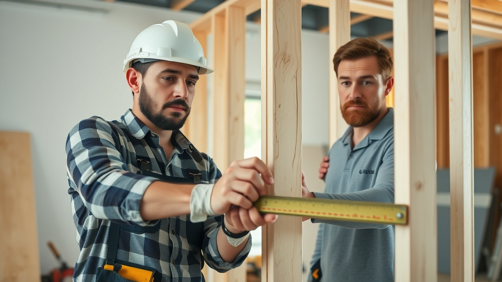 Skilled drywall contractors measuring and installing panels in a bright residential home, demonstrating professional wall installation techniques
