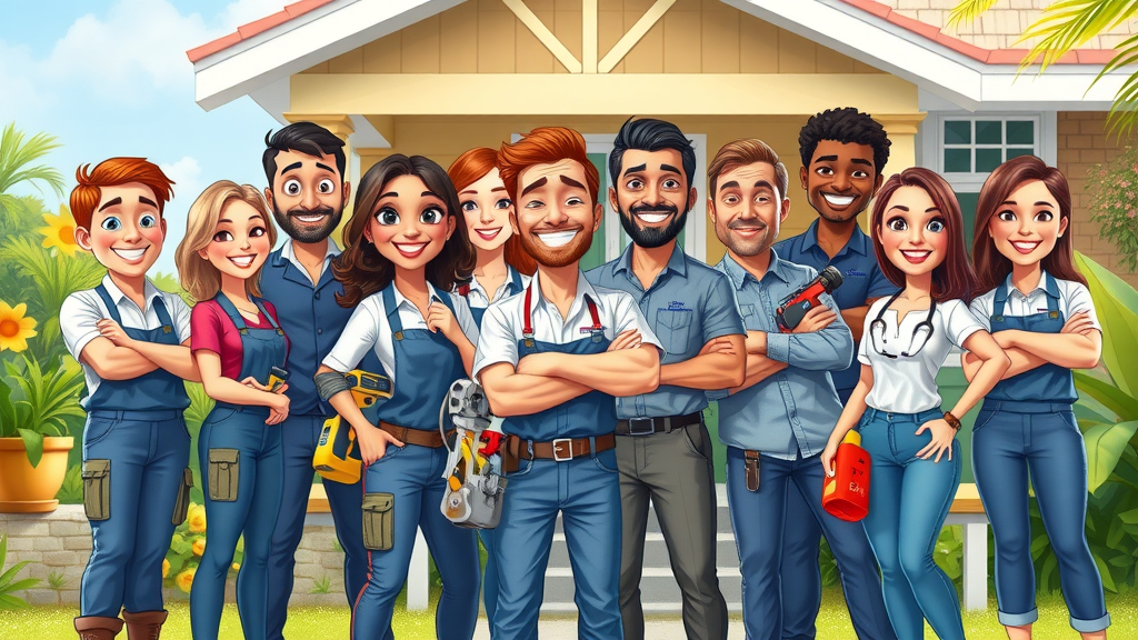 Vibrant cartoon team of Pawleys Island drywall experts posing cheerfully with tools, colorful local home and flora in background
