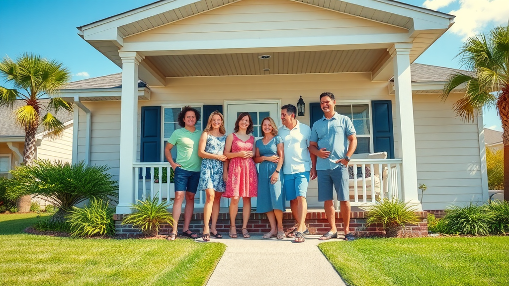 handyman services in myrtle beach sc - Vibrant Myrtle Beach suburban home with a smiling family and well-maintained exterior, lush lawn, and palm trees under sunny blue skies. Photorealistic, high-fidelity image.