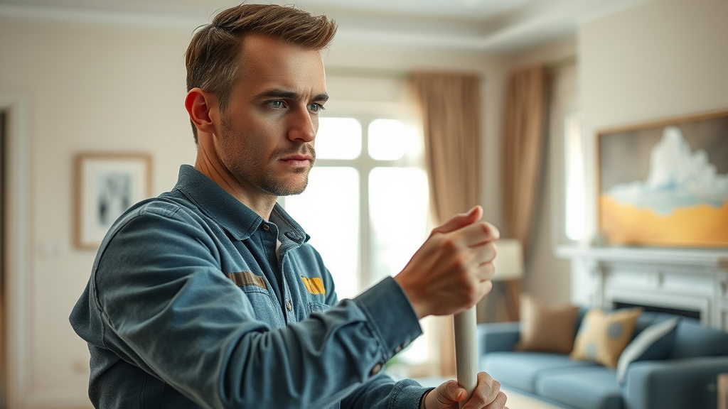 handyman services in myrtle beach sc - Professional handyman repairing drywall and painting in a modern Myrtle Beach living room. Photorealistic image with natural light and detailed textures.