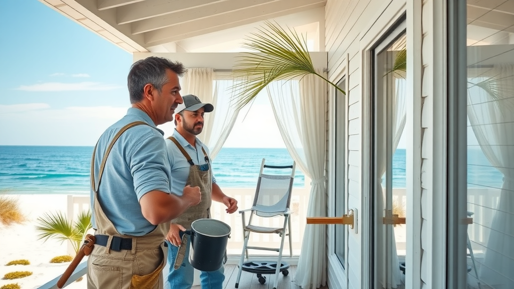 handyman services in myrtle beach sc - Dedicated handyman team restoring the exterior of a coastal beach house near the Grand Strand, with ocean views and detailed craftsmanship. Photorealistic.