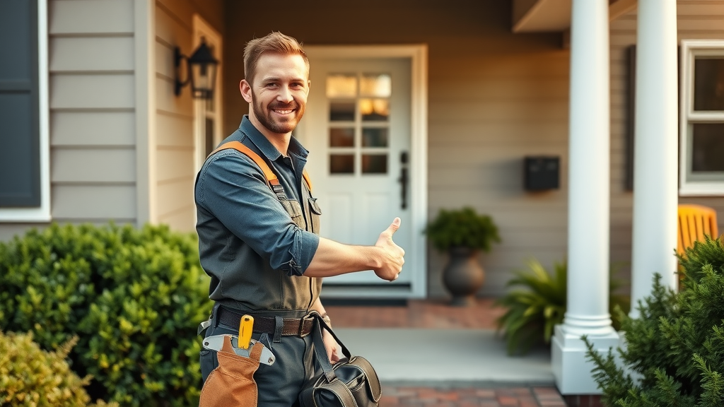 handyman service myrtle beach - Reliable handyman arriving to a Myrtle Beach home with a tool bag, greeting the homeowner on a tidy porch under morning sunlight.