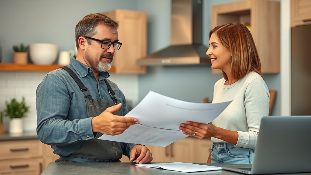 handyman services in myrtle beach sc - Knowledgeable handyman consulting with homeowner in a modern Myrtle Beach kitchen, discussing project plans with animated gestures. Photorealistic.