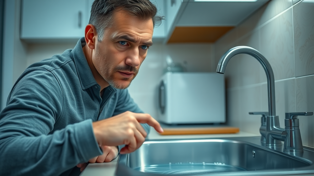 handyman services in myrtle beach sc - Concerned homeowner inspecting a leaking sink under kitchen counter, pointing at water drip. Photorealistic with cool blue hues and detailed kitchen.