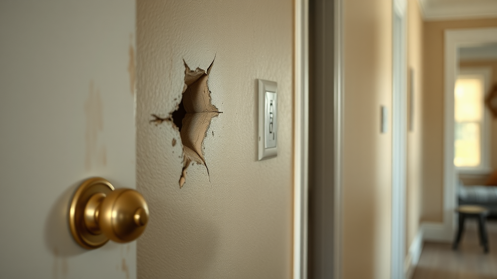 close-up of drywall damage and wall cracks in Conway SC home, showing need for wall repair